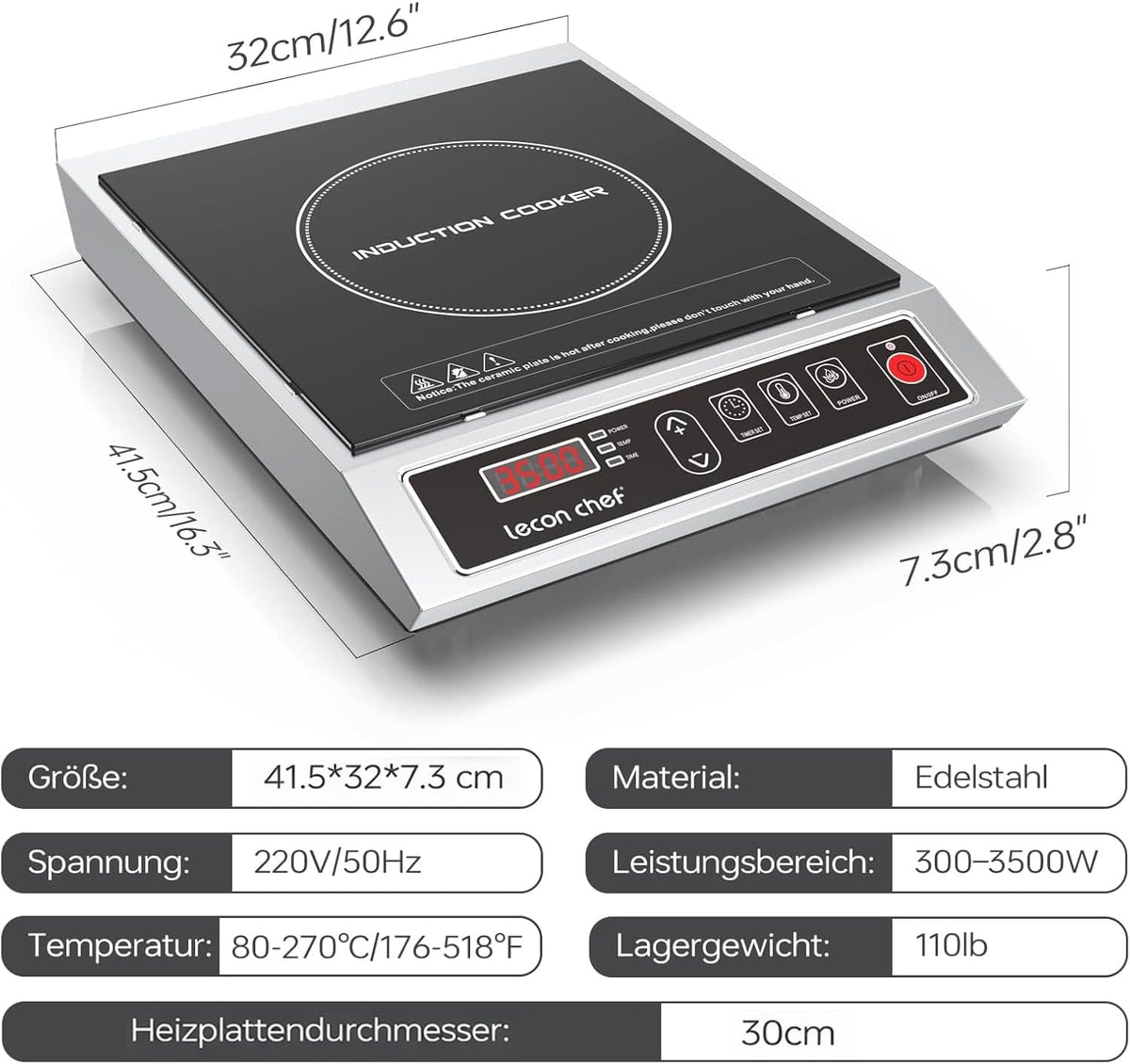 Inductiekookplaat, 3500 W, enkele inductiekookplaat, kookplaten, 50 kg, groot draagvermogen, roestvrijstalen behuizing, 24-uurs timer, ultradun draagbaar design