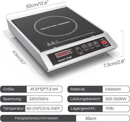 Inductiekookplaat, 3500 W, enkele inductiekookplaat, kookplaten, 50 kg, groot draagvermogen, roestvrijstalen behuizing, 24-uurs timer, ultradun draagbaar design
