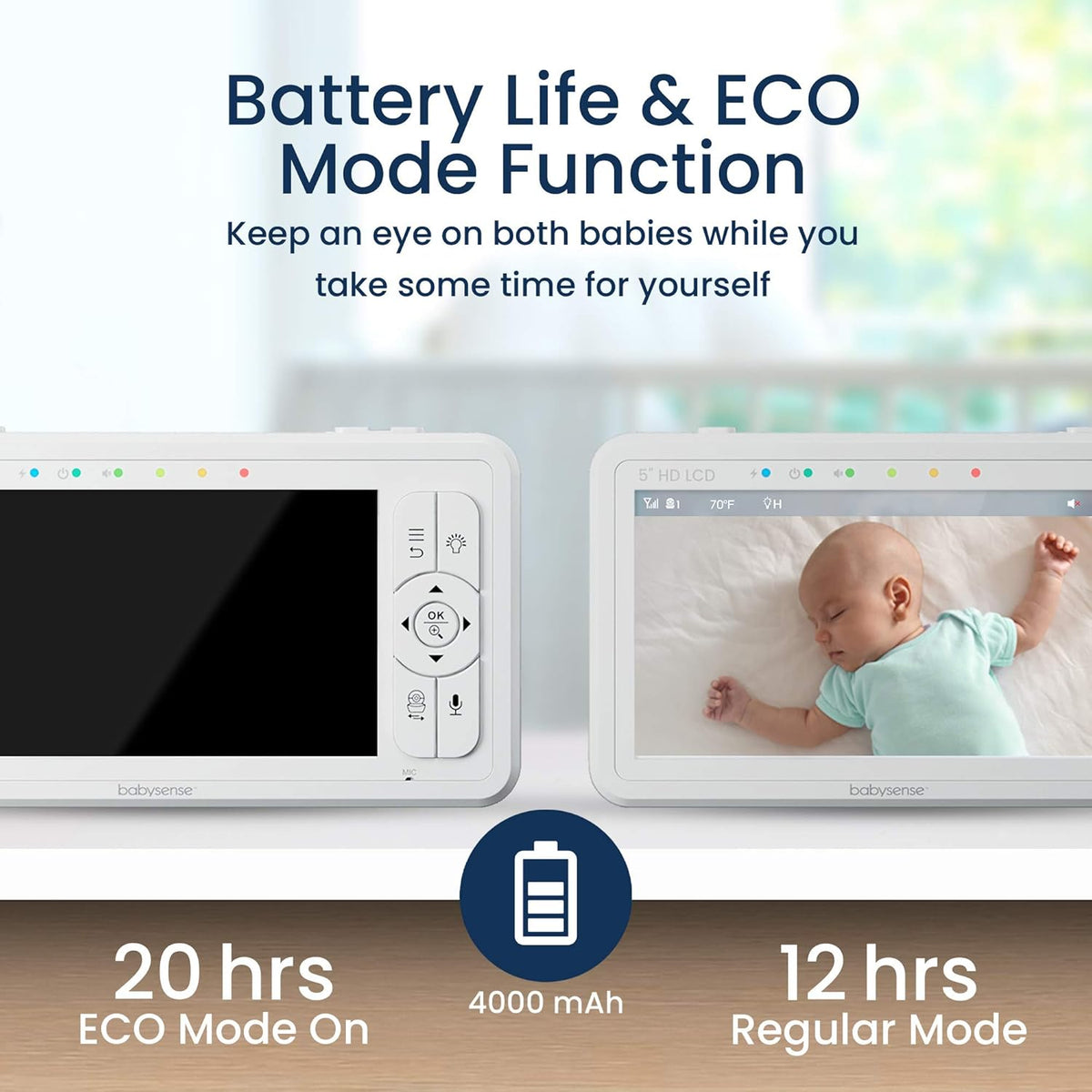 Babysense Babyfoon HD 5 inch met 2 camera's, video-babyfoon zonder wifi, nachtlampje, slaapliedjes, 300 m bereik, tweeweg audio, 4-voudige zoom, 4000 mAh batterij