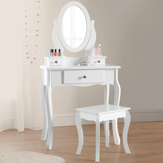 Runesol Meisjes Kaptafel met Spiegel en Krukje, Childrens White Wooden Kids Vanity Table met Kristallen Knoppen Childs Dressing Table Set voor een Kind, Kinderen in de leeftijd van (8-13)