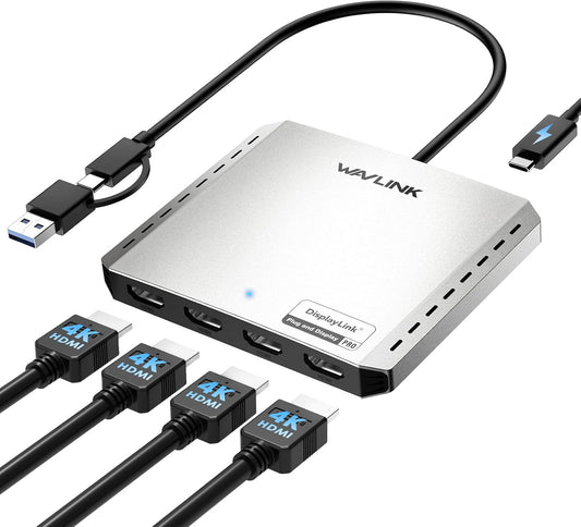 WAVLINK USB 3.0/C naar Quad HDMI Splitter Extended Display voor vier monitoren met 85W PD, Displaylink Adapter 4 HDMI 4K @60Hz voor Mac M1/M2/M3/M4 of Windows 10/11
