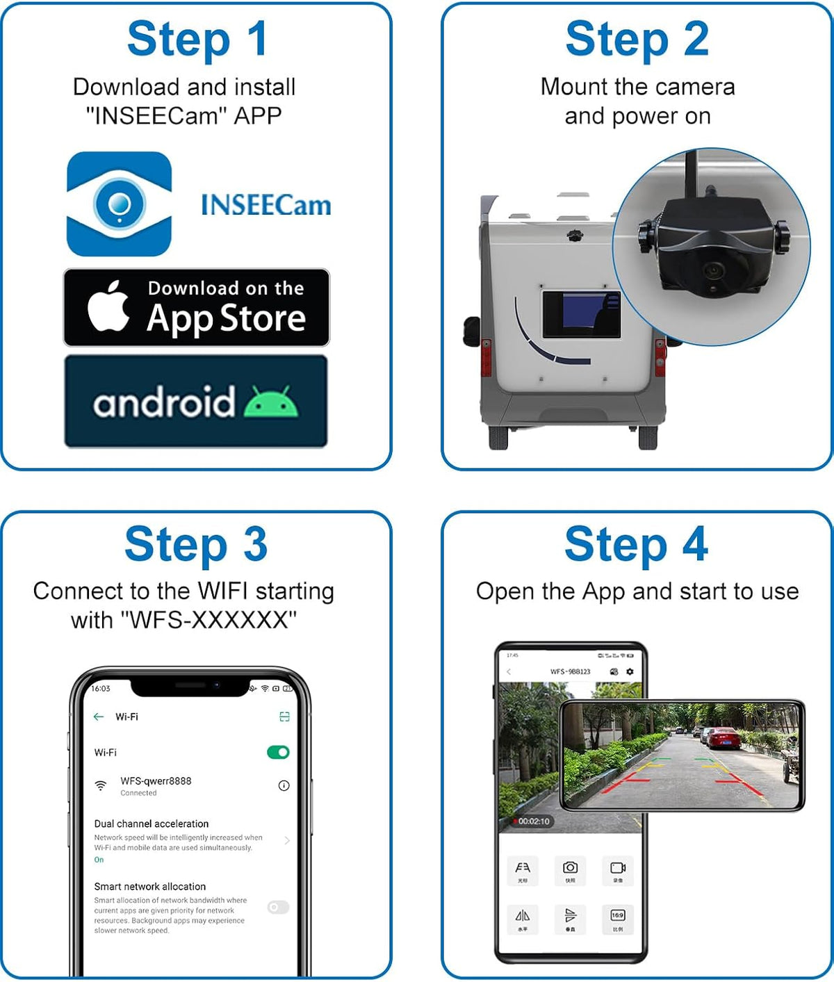 1080P Magnetische draadloze achteruitrijcamera, wifi-achteruitrijcamera met duurzame accu, 90 dagen stand-by, nachtzicht, IP69K, eenvoudige installatie voor vrachtwagens, aanhangers, compatibel met