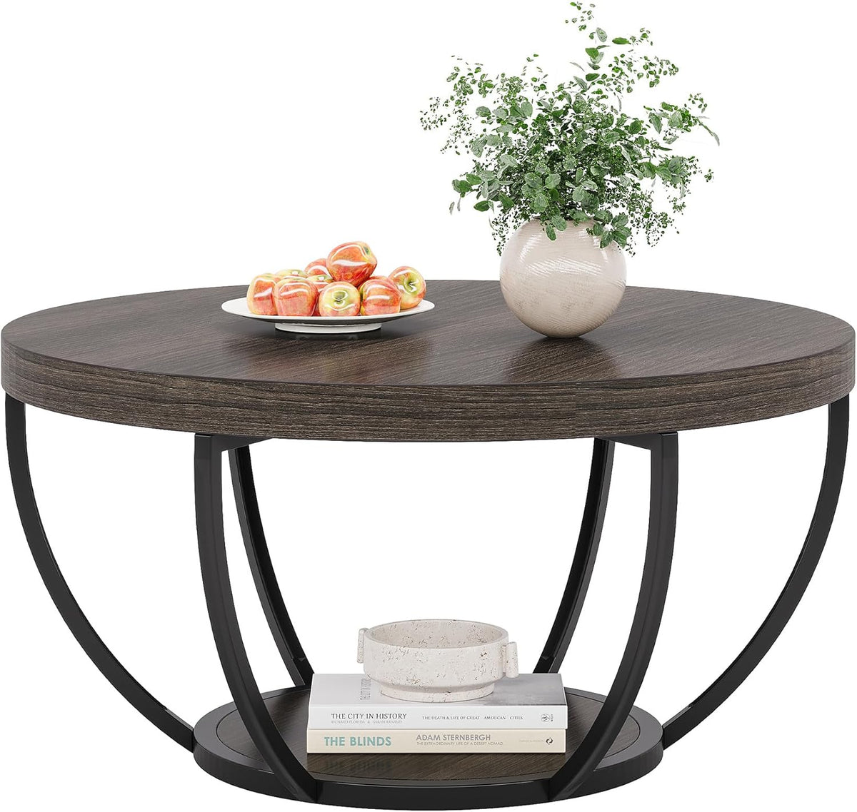 Tribesigns Round Coffee Table, 80.5cm Wooden 2-Tier Circle Coffee Table with Storage Shelves, Modern Accent Cocktail Table Center Table for Living Room, Grey