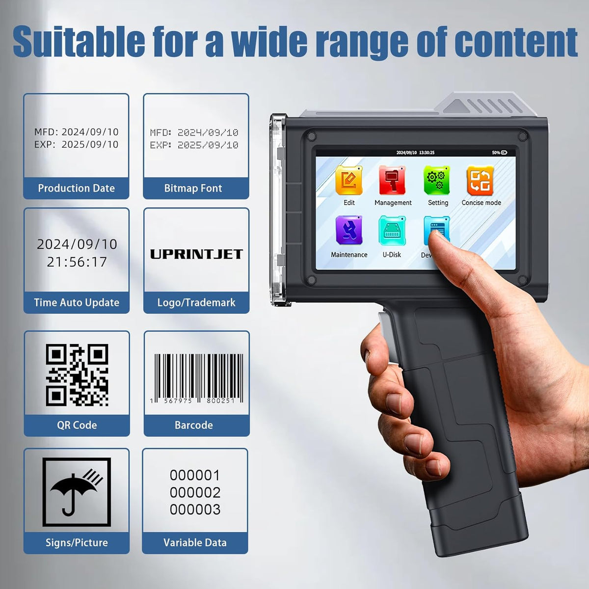 Draagbare Inkjetprinter – Inkjetcoderingsmachine, Inkjetcoder, Codeerprinter, Codering Printer – Sneldrogende Zwarte Inktcartridge – 4,3 Inch Touchscreen