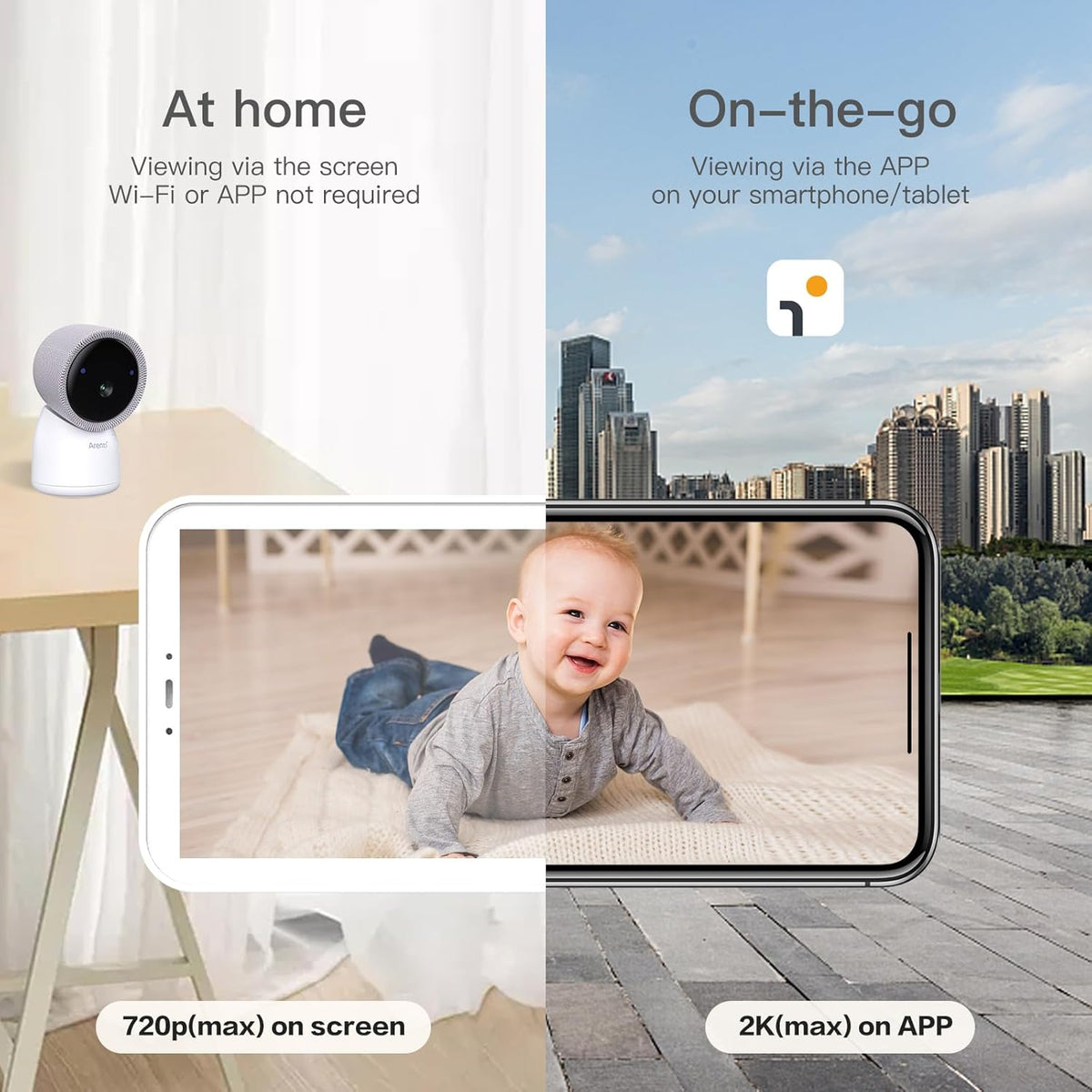 ARENTI 2,5 K/4 MP babymonitor, wifi, 355° kindercamera met monitor, 2,4 GHz & 5 GHz babymonitor, video met nachtzicht, geluidsherkenning, bidirectionele audio, borstherinnering