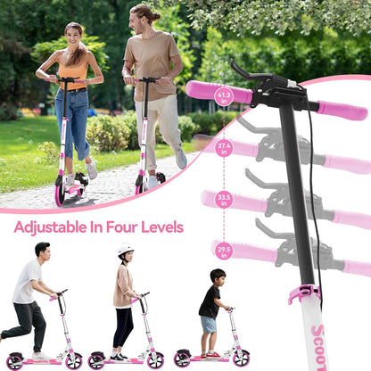 MEEGOO H007D Scooter met schijfrem en dubbele schokdempers, 200 mm PU-wielen ABEC-7 lagers, opvouwbare scooter voor volwassenen 18+, antislip deck - roze/wit/blauw
