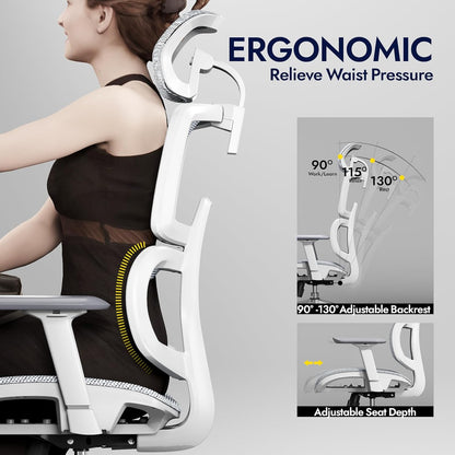Ergonomic Office Chair, Fully Mesh Office Chair with Lumbar Support, Adjustable 3D Armrest, Headrest, Large and High Swivel Computer Chair (Effen - White)