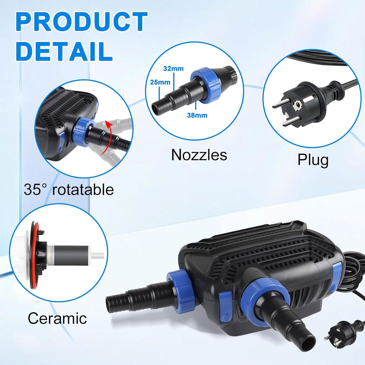 Super ECO stofpomp 70 W max. 8000L/H pomp voor buiten, fontein, aquarium, dompelpomp, waterpomp, waterpomp met filter en kabel, 10 m spaarpomp voor zwembad beek zwembad