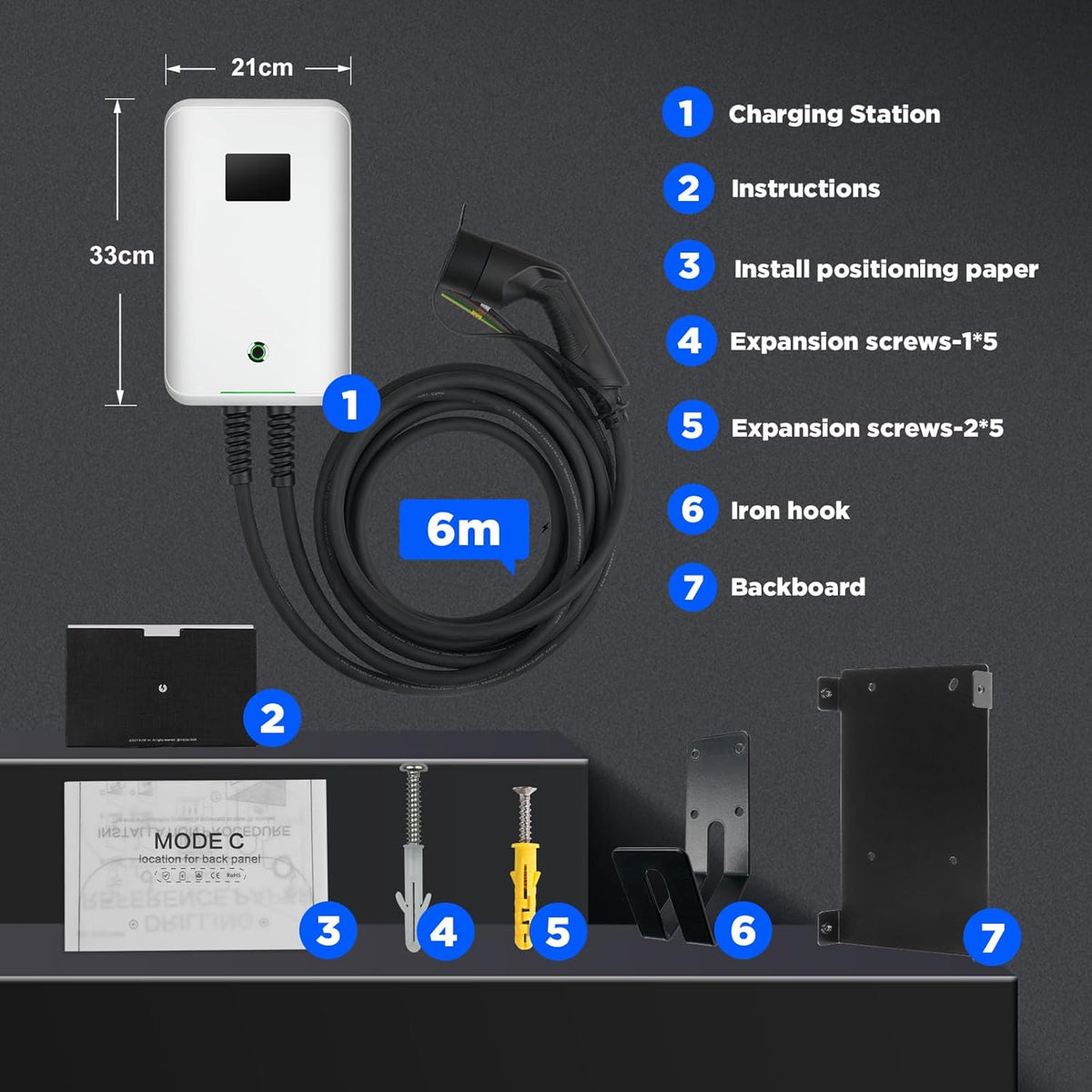 Morec Type 2 EV laadstation 32A EU standaard oplader 7.68kw IEC 62196-2 stekker met stroomkabel naar verdeelkast Draagbare snelwanddoos 6,1 m