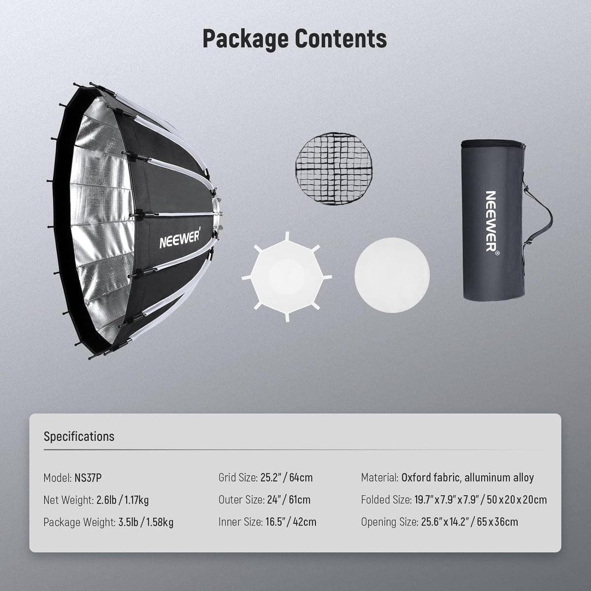 NEEWER Basics Parabolische Softbox-set, 65 cm, Bowens frame, met lichtdiffusers, voor fotostudio, video-opname, streaming, verlichting, compatibel met Godox, Aputure, NS37P