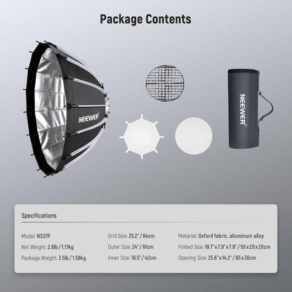 NEEWER Basics Parabolische Softbox-set, 65 cm, Bowens frame, met lichtdiffusers, voor fotostudio, video-opname, streaming, verlichting, compatibel met Godox, Aputure, NS37P