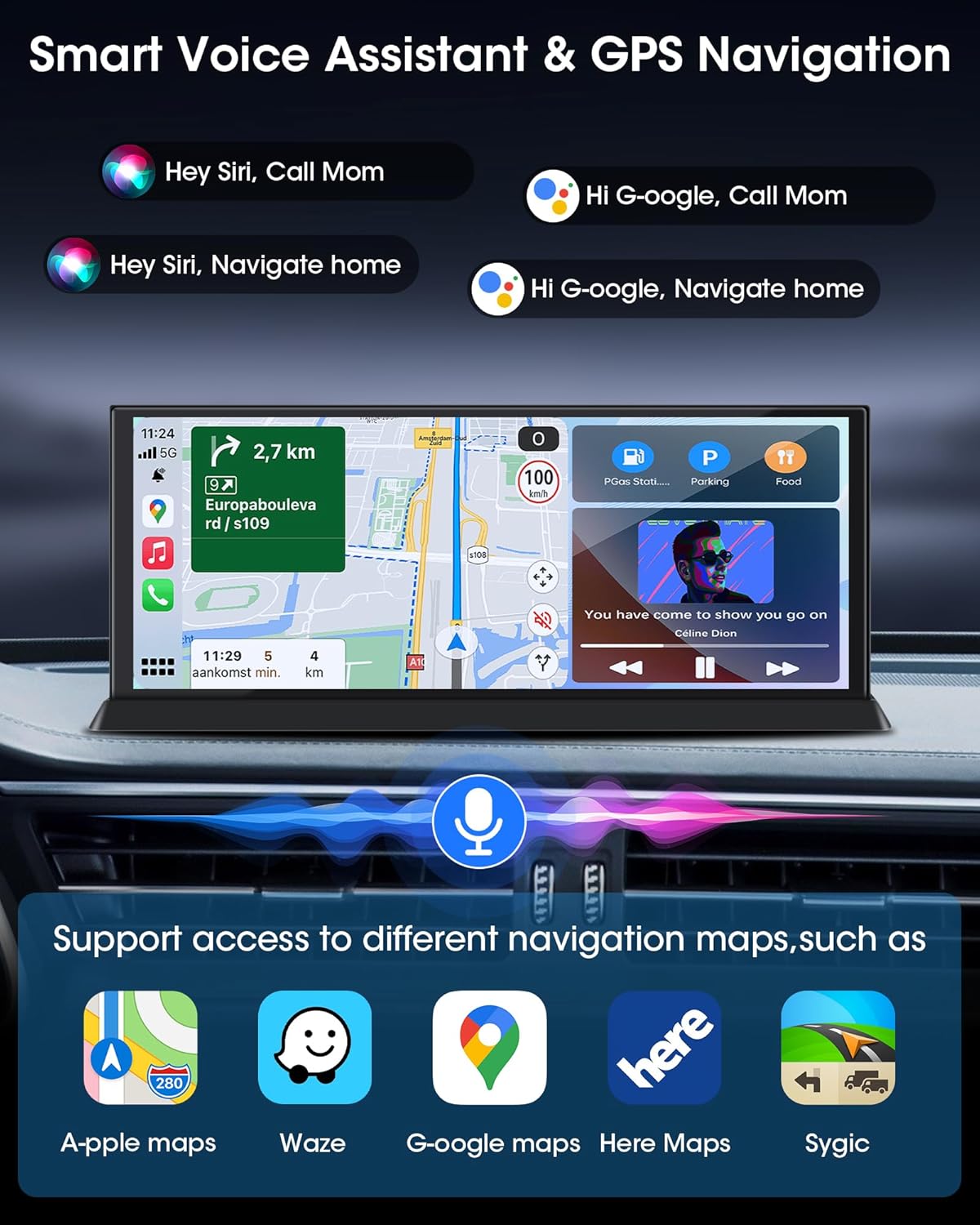 11,26 inch Carplay Display Wireless CarPlay & Android Auto Display Buddy Display met 1080p achteruitrijcamera, Car Play scherm met Bluetooth/GPS-navigatie/spraakherkenning/OEM Style houder