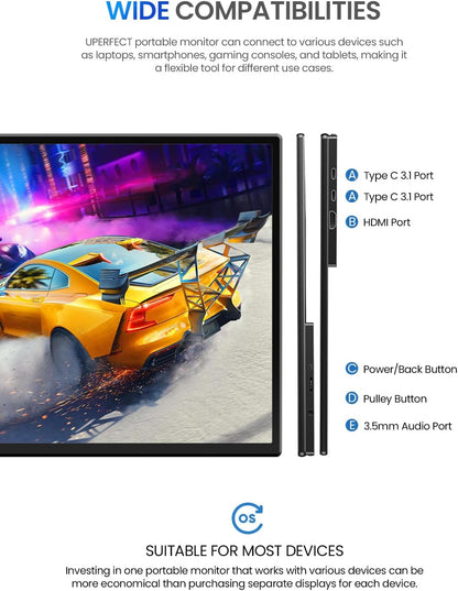 UPERFECT Draagbaar touchscreen, 21,5 inch, 120 Hz, draagbaar, touchscreen, 1300:1 1080P, geïntegreerde houder, HDMI, USB C, voor pc, computer, spelconsole, metalen behuizing, VESA-compatibel