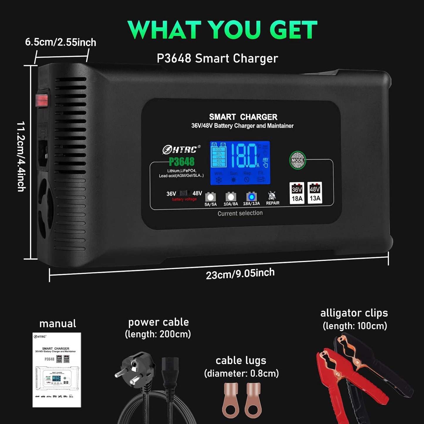 Acculader 36V/48V – Batterijlader – Accuoplader – Snellader – Oplader Auto & Motor – Intelligente Snellader Met Reparatiemodus – Compatibel Met Lithium, LiFePO4 & Loodaccu’s