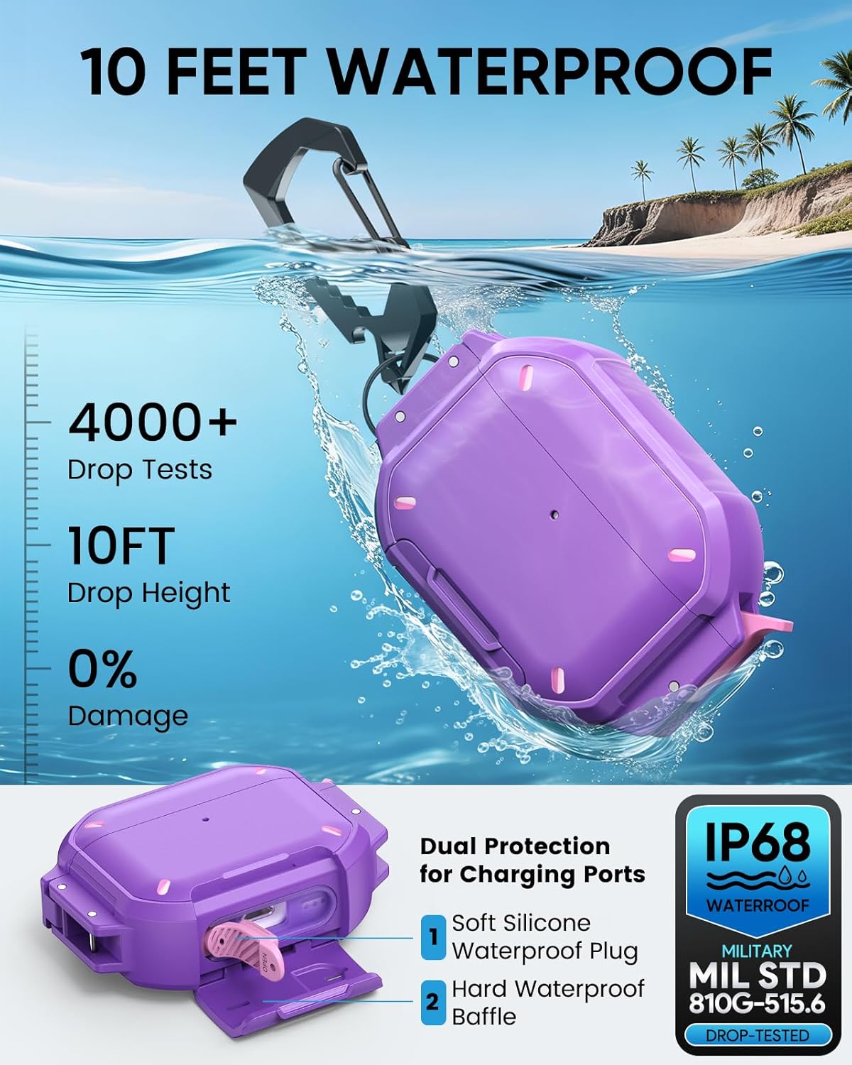 MoKo Case Compatible with AirPods Pro 3 Case with Secure Lock - IP68 Waterproof & Military-Grade Cover for iPods Pro 3, Protective Earpods Pro 3 Cover with Keychain, Phone Stand & Cleaner Kit, Purple