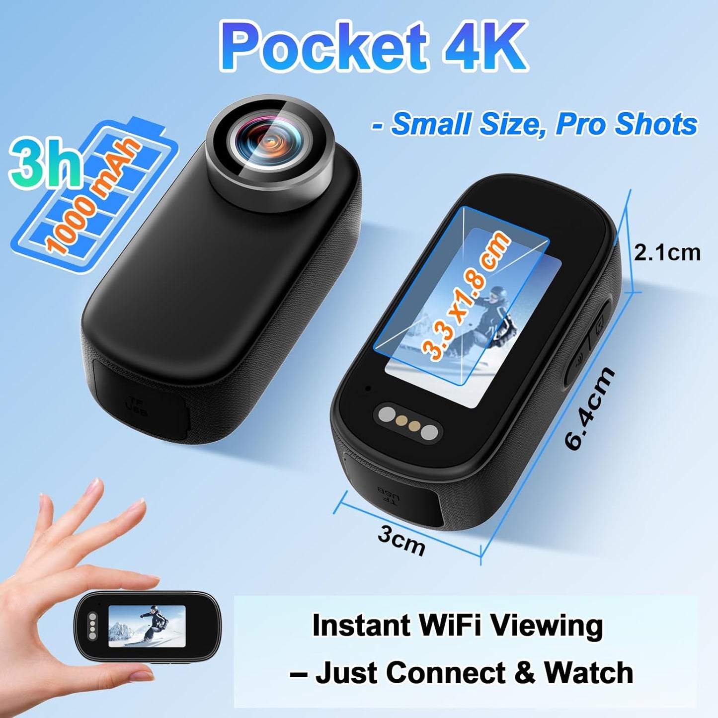 Mini Action Cam WiFi met scherm, 4K UHD en 150° groothoek, IP65 waterdichte bodycam 4K 64GB, draagbare anti-shake helmcamera motorfiets - ideaal voor sport en outdooractiviteiten