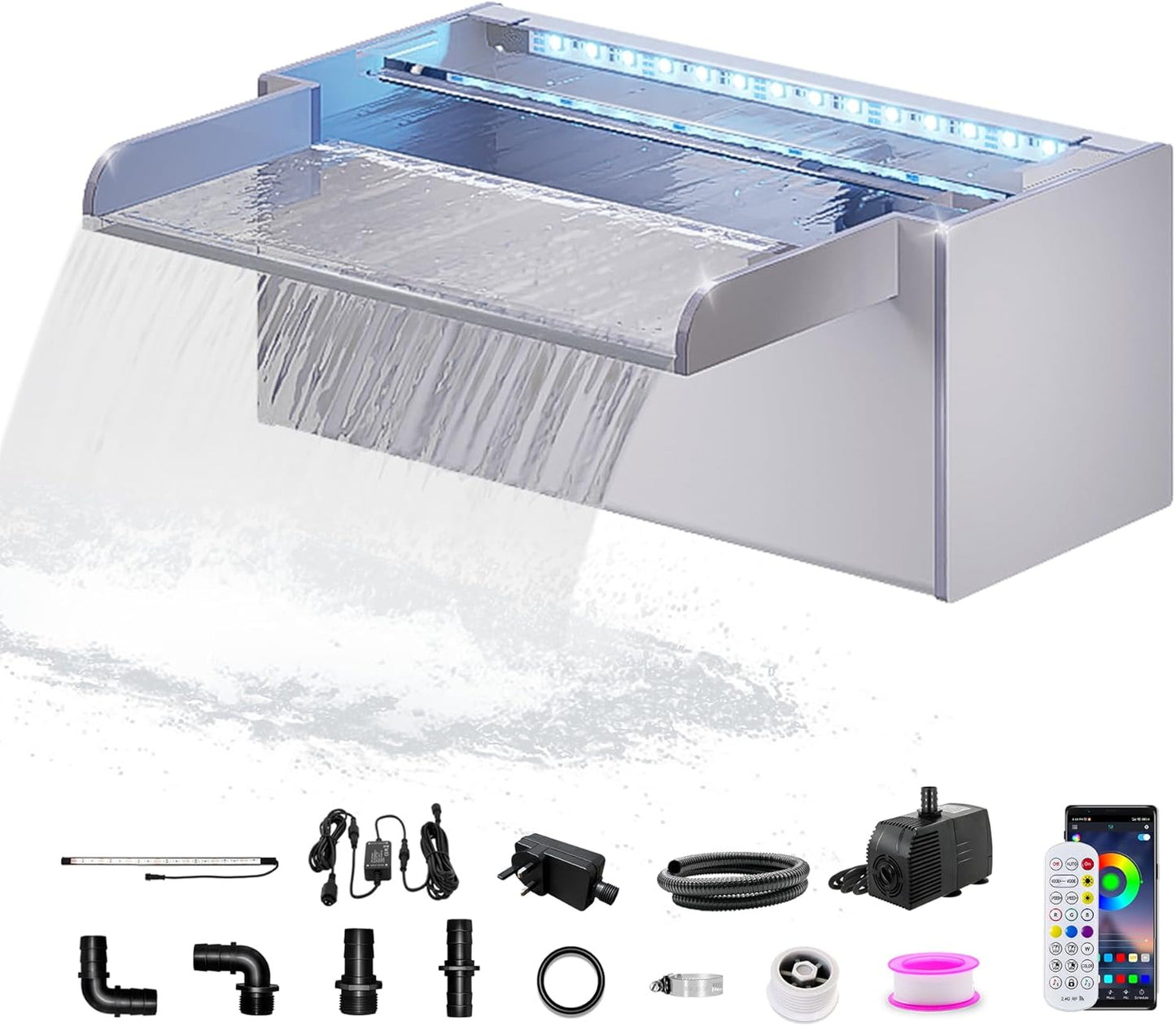 LONGRUN 30 cm vijver waterval, acryl zwembadwaterval met waterpomp, 7 kleuren Bluetooth LED tuinfontein