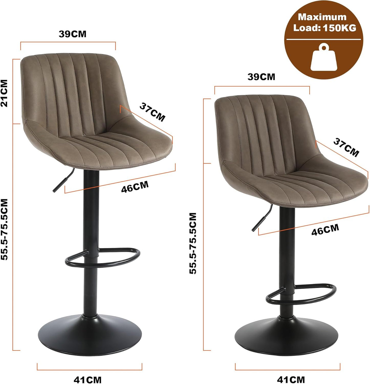 Youhauchair Barkrukken Set van 3, In Hoogte Verstelbare Barkruk met Rugleuning, PU Lederen Barstoelen Bar Stool, Moderne Barstoel Keuken Kruk, Bruin