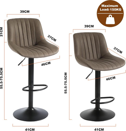 Youhauchair Barkrukken Set van 2, In Hoogte Verstelbare Barkruk met Rugleuning, PU Lederen Barstoelen Bar Stool, Moderne Barstoel Keuken Kruk, Bruin