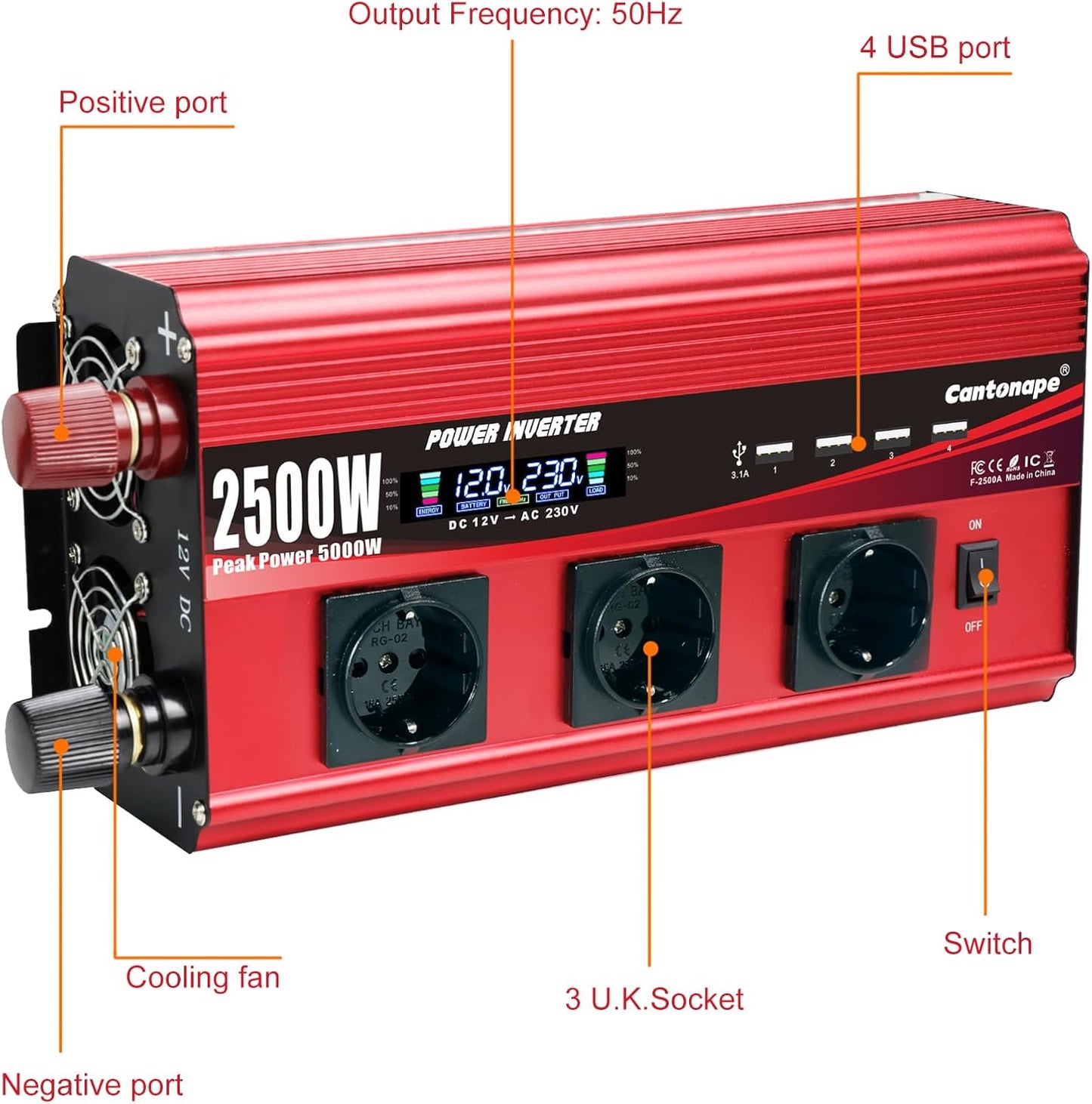 Omvormer, 2500 W/5000 W, gemodificeerde sinusgolf, 12 V naar 230 V, met 3 AC-stopcontacten en 4 x USB-lcd-afstandsbediening