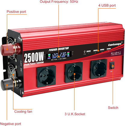 Omvormer, 2500 W/5000 W, gemodificeerde sinusgolf, 12 V naar 230 V, met 3 AC-stopcontacten en 4 x USB-lcd-afstandsbediening