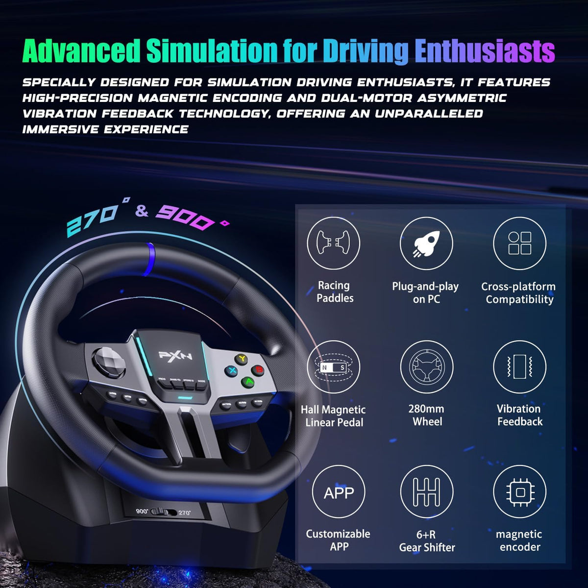 Gaming Stuurwiel – Racestuur – Simulatierace Stuur – Racecontroller – Stuurwiel Met Pedalen – Instelbare 270° & 900° Stuurhoek – Trillingsfeedback Met Dubbele Motoren