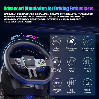 Gaming Stuurwiel – Racestuur – Simulatierace Stuur – Racecontroller – Stuurwiel Met Pedalen – Instelbare 270° & 900° Stuurhoek – Trillingsfeedback Met Dubbele Motoren
