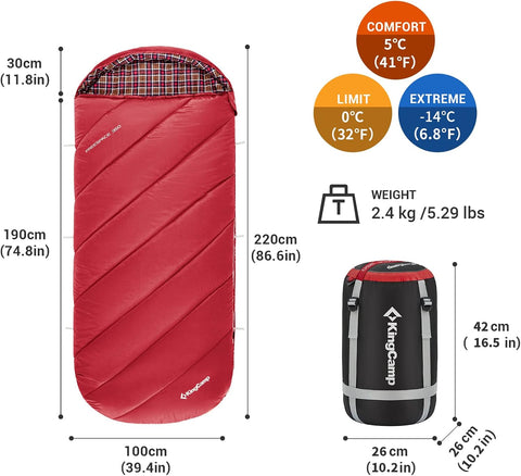 KingCamp Slaapzak XL 3-4 Seizoenen Katoen Flanel 220 x 100 cm Extra Groot voor Volwassenen Extreem -8 °C Compact Draagbaar Comfortabel Professioneel Warm voor Kamperen Wandelen Buiten Binnen