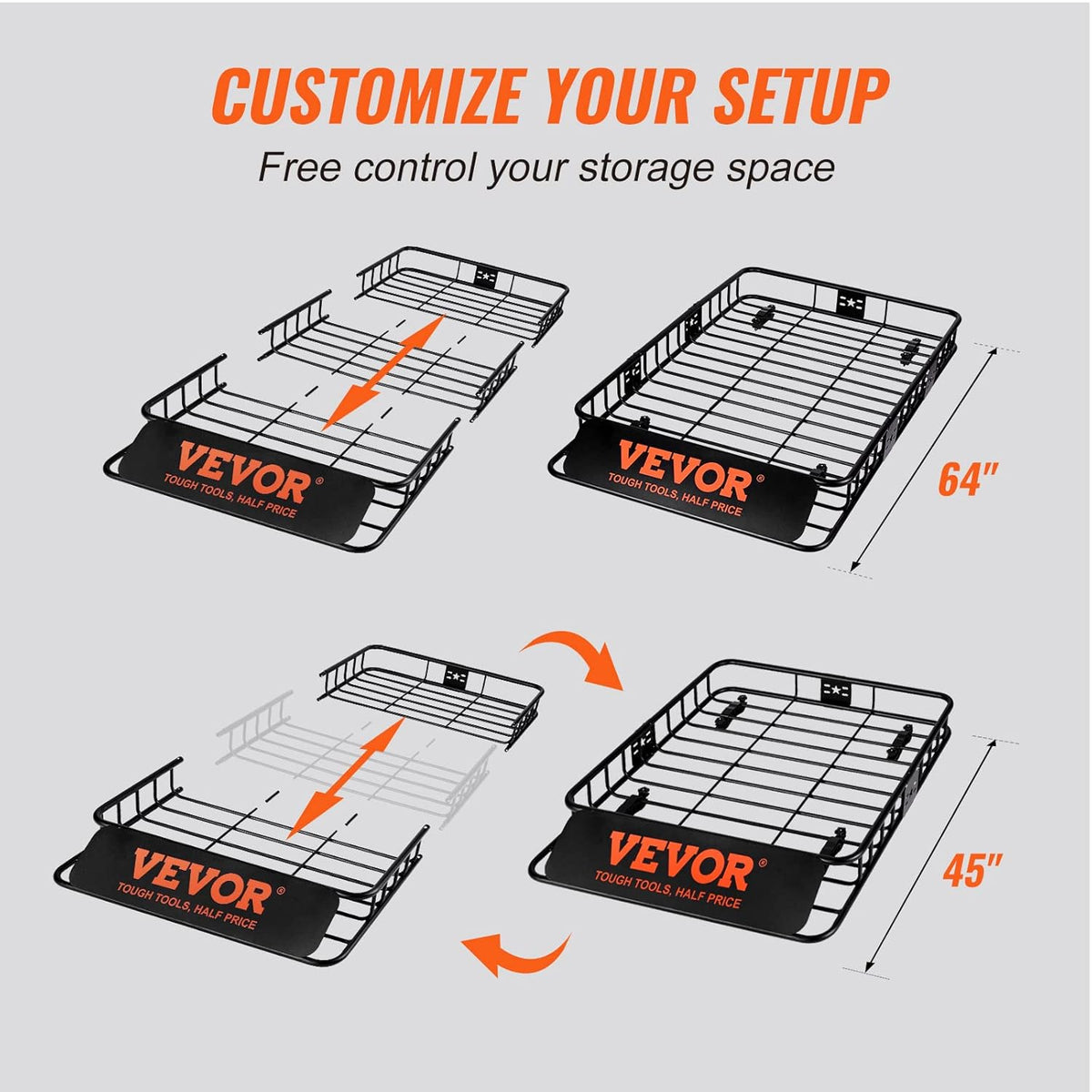 VEVOR Dak Rack Mand Auto Dak Mand Universele 1630 x 990 x 152 mm, Dak Rack Tub 90 kg Laadvermogen Rail Carrier Cargo Bagage Rack Zwart voor Camping, Barbecue, Auto Travel