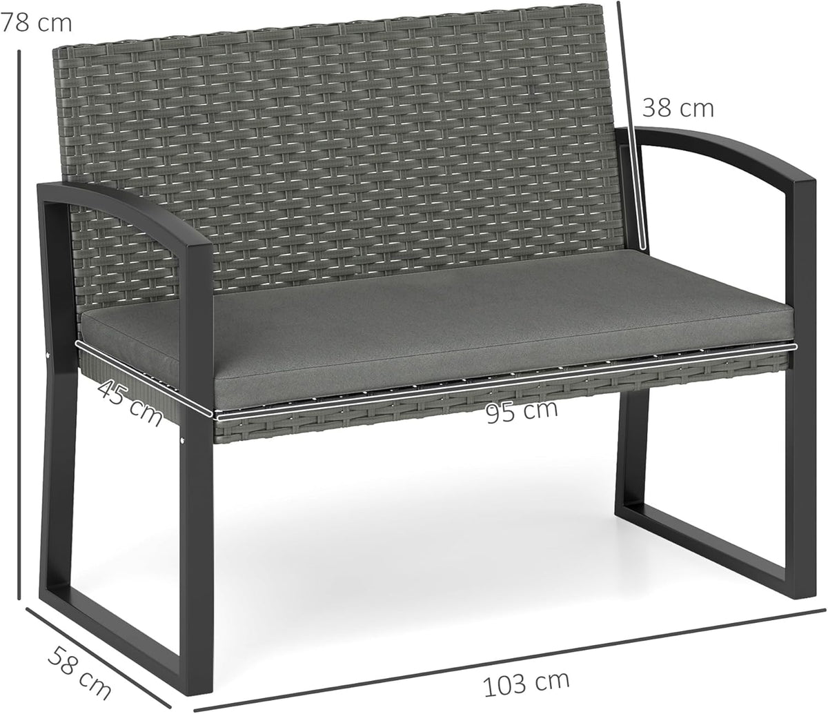 Outsunny Rattan Garden Bench 2 Seater Garden Bench with Cushion, Wicker Garden Bench with Armrests, Galvanized Steel Frame for Patio, Park, Dark Grey - QUORE