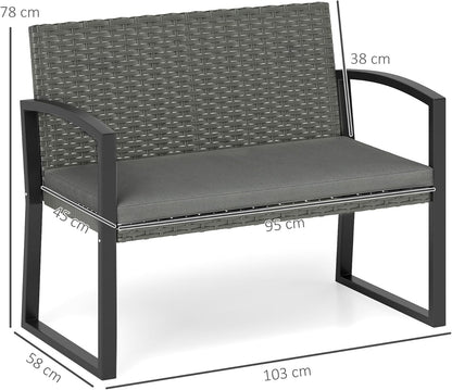 Outsunny Rattan Garden Bench 2 Seater Garden Bench with Cushion, Wicker Garden Bench with Armrests, Galvanized Steel Frame for Patio, Park, Dark Grey - QUORE