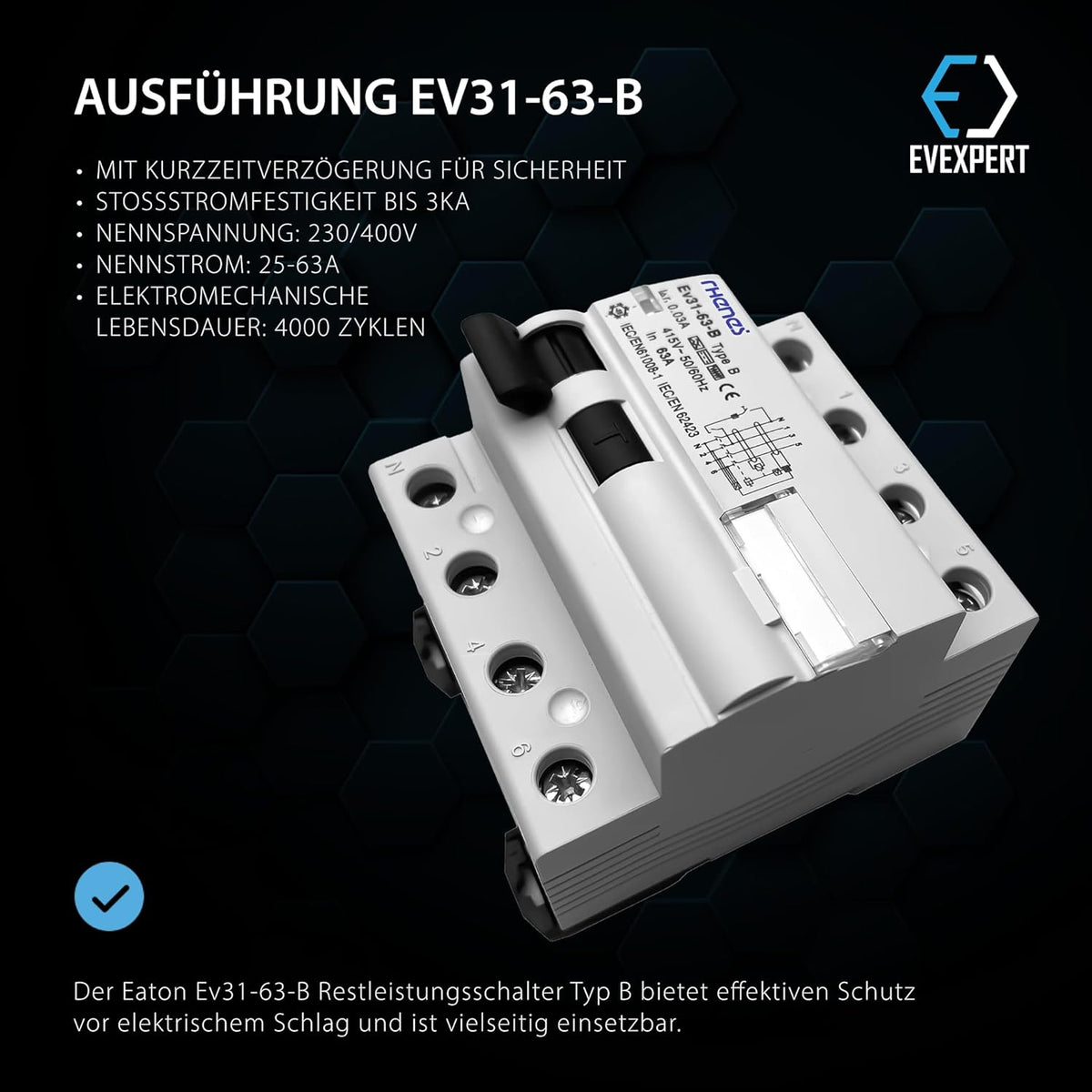 EV Expert 3Y-16HW-167R Aardlekschakelaar, bescherming tegen elektrische schokken, IP20, 25-63A, gelijkstroom, kortetermijnvertraging, wit