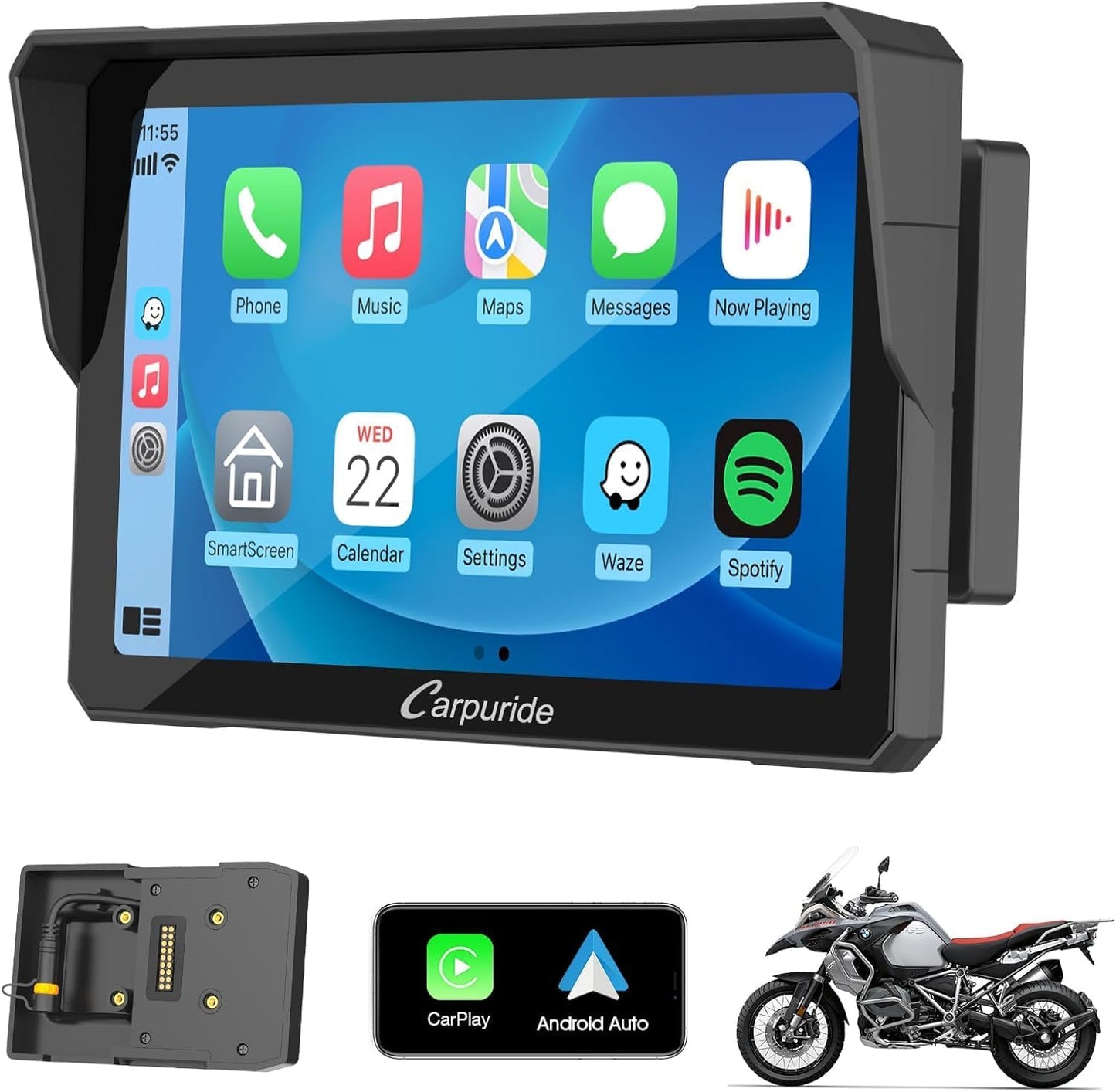 Carpuride W702B Motorfiets Carplay Scherm met Custom Mount voor BMW Motorbike, Wireless CarPlay en Android Auto, Draagbaar 7 inch Waterdicht Touchscreen, Dual Bluetooth, Navigatie, Siri.
