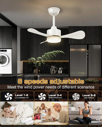 Airwit 71 cm plafondventilator met licht en afstandsbediening, stil, 3 bladen, led voor slaapkamer, omkeerbare DC-motor, 6 snelheden