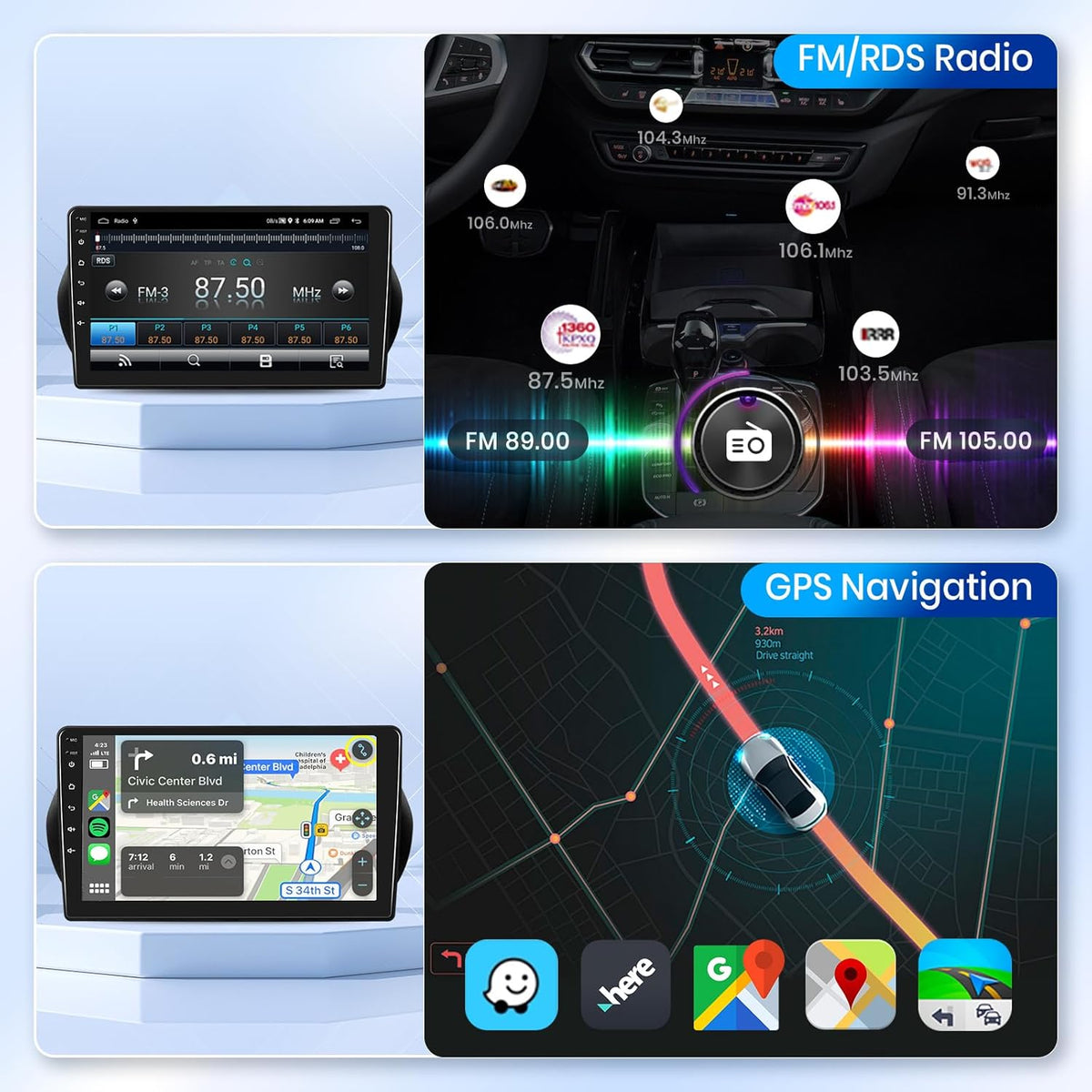 Podofo CarPlay autoradio voor Citroen Nemo/Peugeot Bipper/FIAT Fiorino, 10,1" 2G+64G touchscreen met draadloze CarPlay/Android Auto, Bluetooth, GPS + camera.