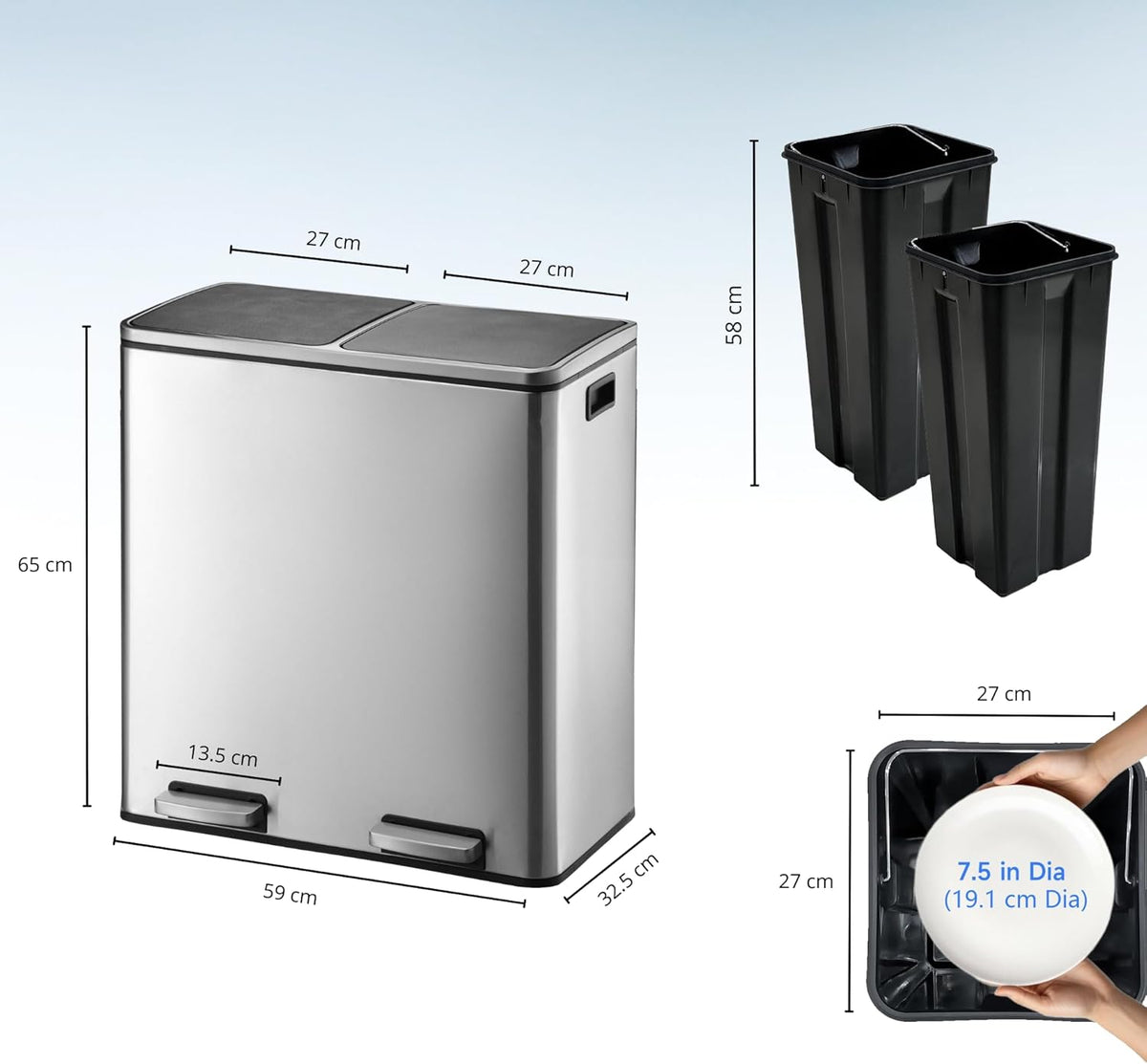 KITCHEN MOVE MAJOR Keukenemmer met pedaal, selectieve sortering, grote capaciteit, 60 l (2 x 30 l), van roestvrij staal