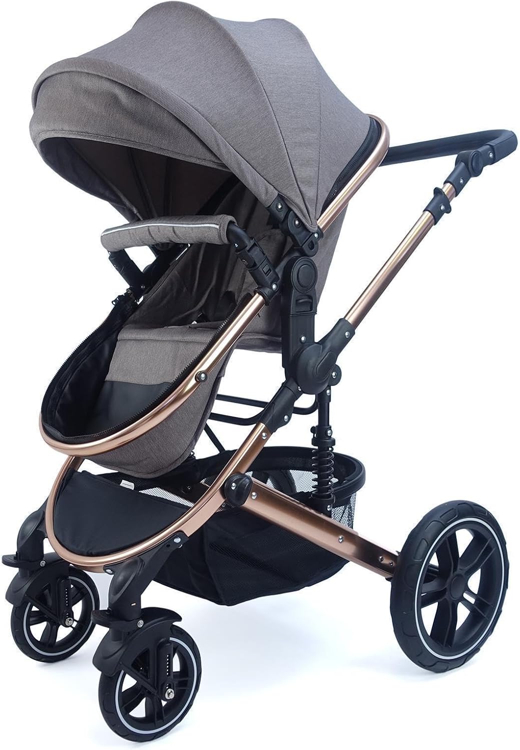 Pixini Neyla Combi kinderwagen met stoffen kuip, buggy, luiertas, drankhouder, regenzeil, muggennet, aankleedkussen (goud/bruin)