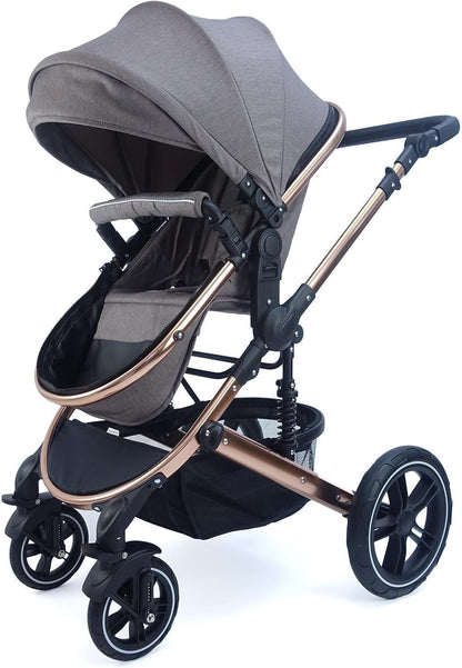 Pixini Neyla Combi kinderwagen met stoffen kuip, buggy, luiertas, drankhouder, regenzeil, muggennet, aankleedkussen (goud/bruin)