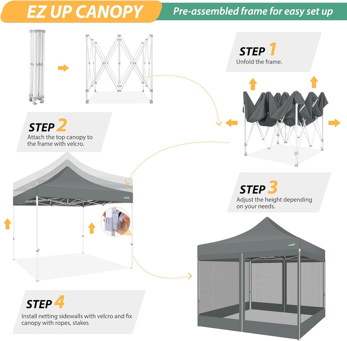 COBIZI Paviljoen, 3x3, vouwpaviljoen, waterdicht, stabiel, partytent, tuinpaviljoen, uv-bescherming met 4 zijwanden van mesh, grijs