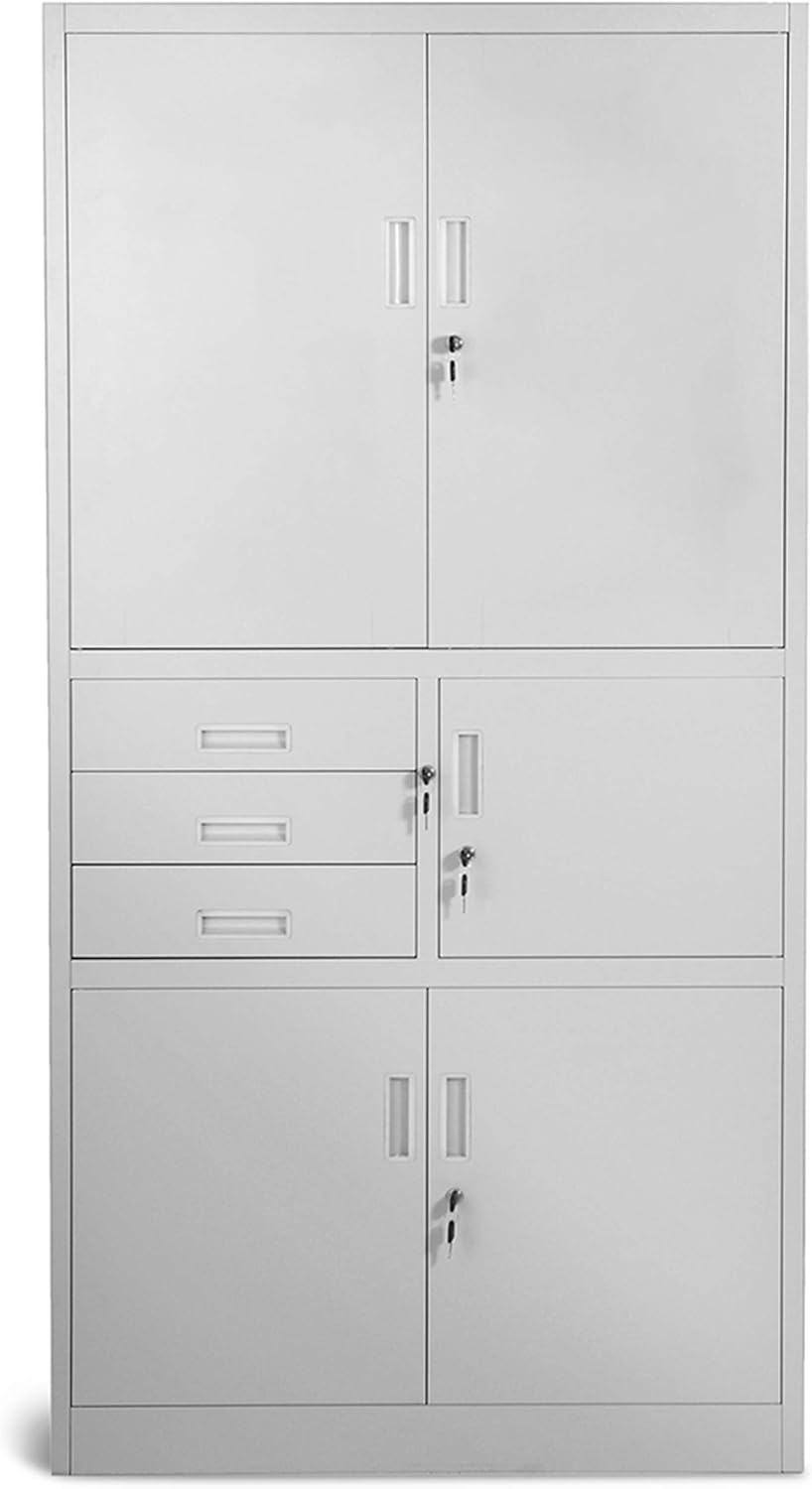 Filing Cabinet C018S II Office Cabinet Metal Cabinet Safe Box Secret Box 3 Drawers Powder Coating 185cm x 90cm x 40cm (Grey) - QUORE