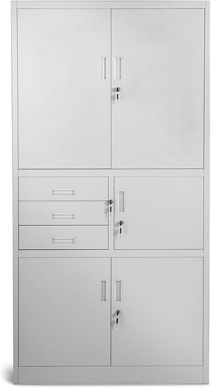 Filing Cabinet C018S II Office Cabinet Metal Cabinet Safe Box Secret Box 3 Drawers Powder Coating 185cm x 90cm x 40cm (Grey) - QUORE
