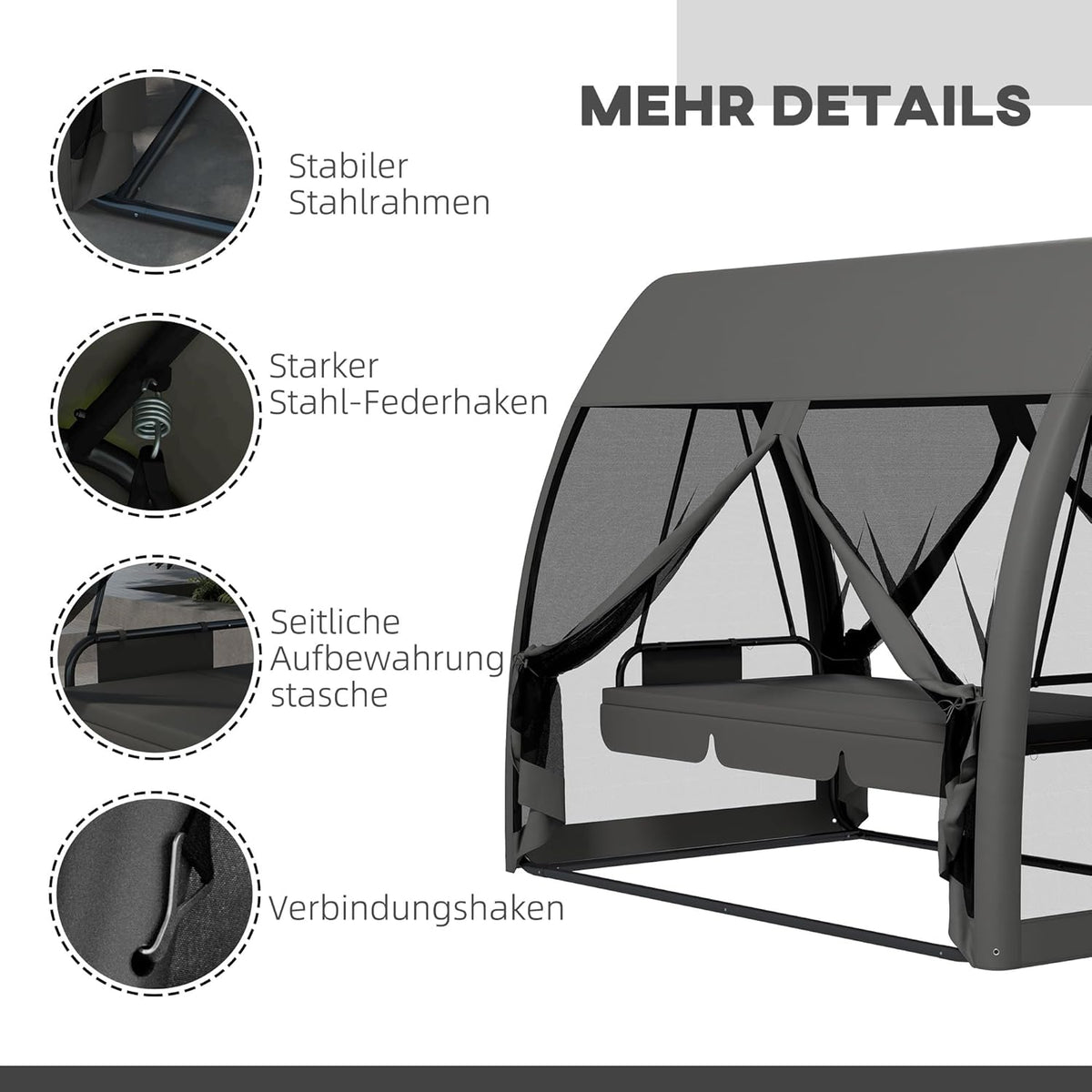 Outsuuny 2 in 1 Hollywoodschaukel mit Liegefunktion 3-Sitzer Gartenschaukel mit Baldachin, Mückennetz, Schaukelbank belast bis 300 kg, Gartenliege für Garten, Terrasse, 240 x 140 x 197 cm, Grau - QUORE