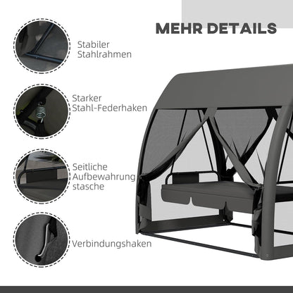 Outsuuny 2 in 1 Hollywoodschaukel mit Liegefunktion 3-Sitzer Gartenschaukel mit Baldachin, Mückennetz, Schaukelbank belast bis 300 kg, Gartenliege für Garten, Terrasse, 240 x 140 x 197 cm, Grau - QUORE