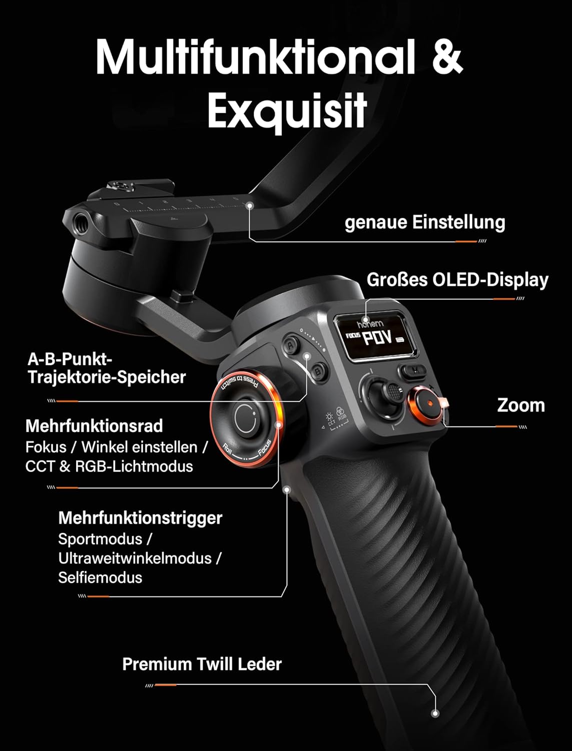 hohem iSteady M6 Stabilisatorset voor smartphone, geactualiseerde 3-assige gimbal, magnetische AI-tracker met verstelbaar CCT/RGB-licht, 0,91 inch display, max. laadvermogen 400 g, voor YouTube/vlog