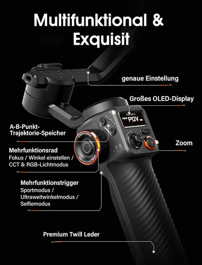 hohem iSteady M6 Stabilisatorset voor smartphone, geactualiseerde 3-assige gimbal, magnetische AI-tracker met verstelbaar CCT/RGB-licht, 0,91 inch display, max. laadvermogen 400 g, voor YouTube/vlog