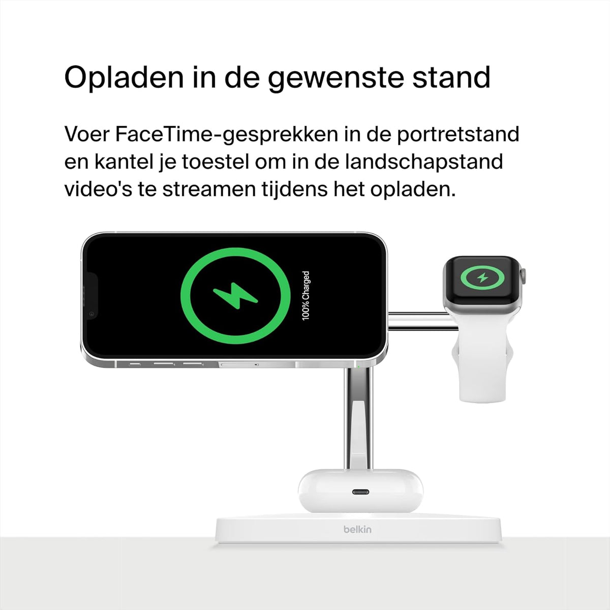 Belkin MagSafe 3-in-1 draadloze oplader, 15W-snellader voor iPhone, Apple Watch, AirPods-laadstation, draadloze oplader voor iPhone 16, 15, 14, Plus, 13, 12, Pro, Max, Mini, Apple Watch, AirPods - Wit