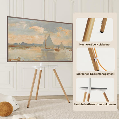 Driepotige tv-standaard voor 40 tot 65 inch lcd-led-oled-beeldscherm, in hoogte verstelbaar en draaibare vloer-tv-standaard, hoek-tv-standaard met houten blad, VESA 400 x 400 mm, wit