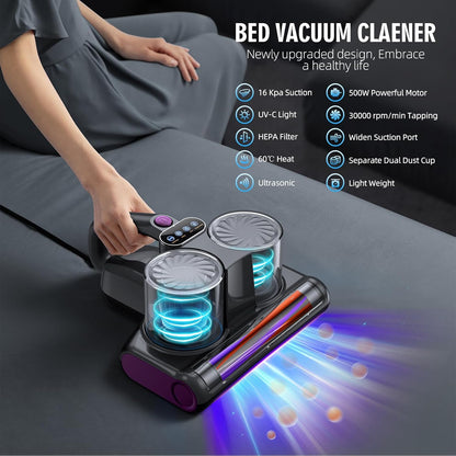 Mijtstofzuiger voor matrassen, mijtstofzuiger met UV-C-licht, 16 kpa afzuiging, matrasreiniger, HEPA-filter, ultrasone warmteborstelrol, technologieën, stoffering, handstofzuiger, 500 W kabel