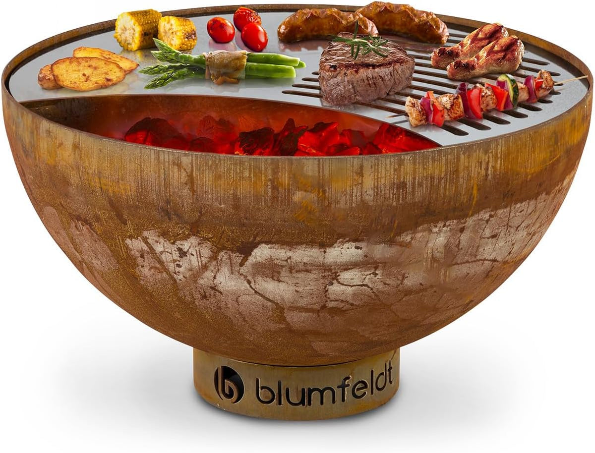Blumfeldt Savage vuurschaal met grillrooster, Ø 60,5 cm, vorst- en waterbestendig, brandstof: brandhout of houtskool, staal, incl. bescherming tegen weersinvloeden, klein, roest
