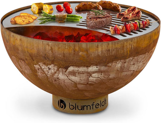 Blumfeldt Savage vuurschaal met grillrooster, Ø 60,5 cm, vorst- en waterbestendig, brandstof: brandhout of houtskool, staal, incl. bescherming tegen weersinvloeden, klein, roest